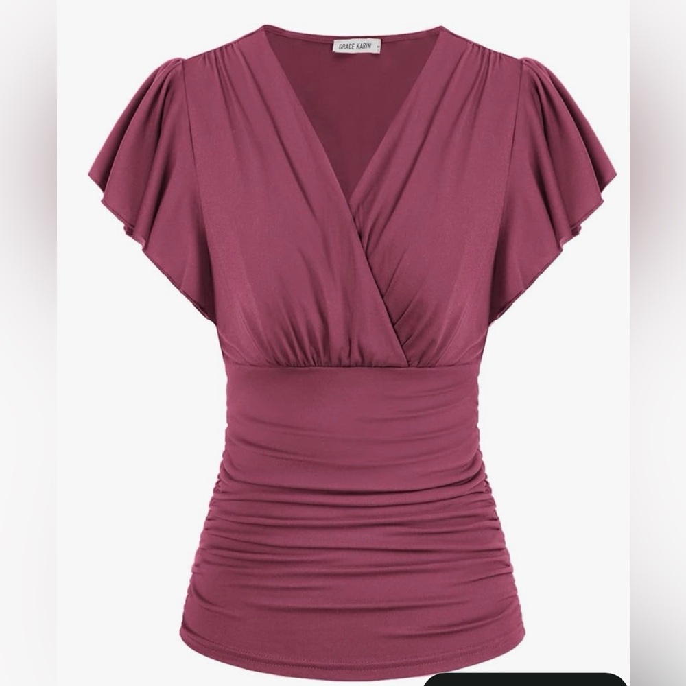 Grace Karin Mauve V-Neck Ruched Blouse